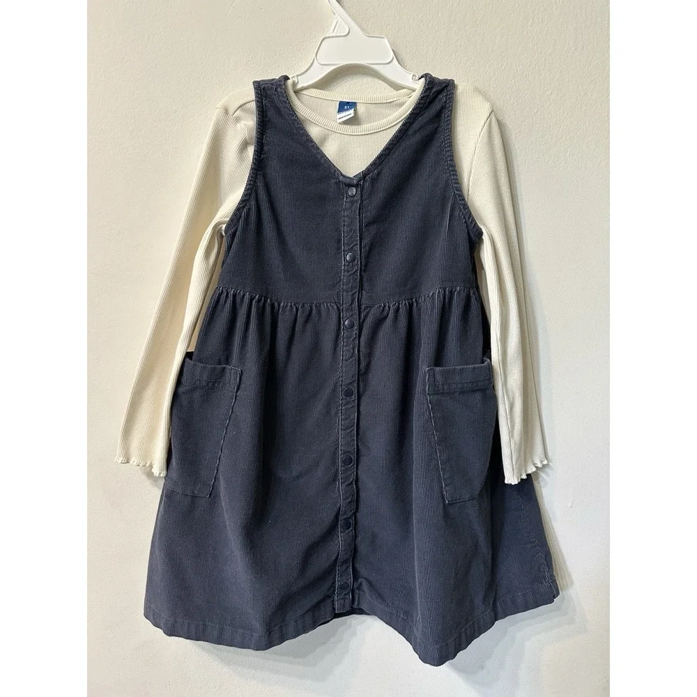 Old Navy Toddler Girls Corduroy Dress Set 5T Dusk Navy Pinafore Jumper 2-Pc Fall